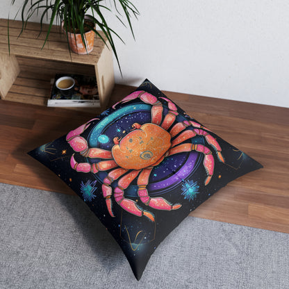 Rainbow Celestial Crab - Vibrant Cancer Zodiac Sign Art - Tufted Floor Pillow, Square