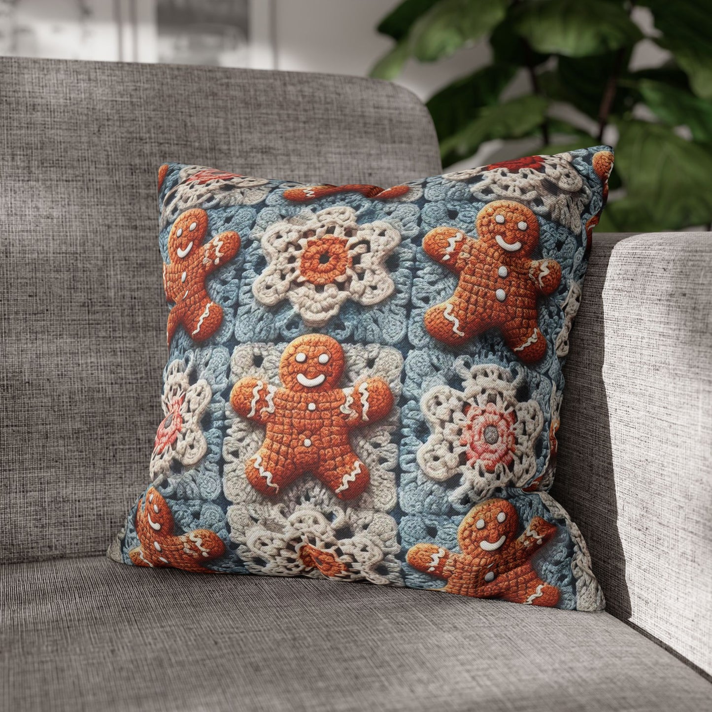 Christmas Holiday Delight: Crocheted Gingerbread Smile Pattern with Lace Snowflakes - Spun Polyester Square Pillow Case