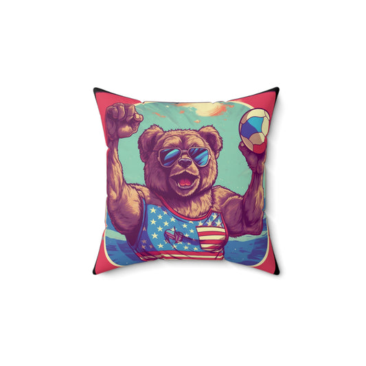 Volleyball Court Patriotism: 4th of July American Bear Athletic Spun Polyester Square Pillow