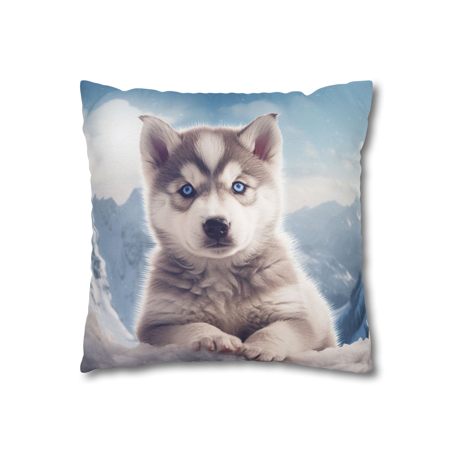 Husky Puppy Winter Wonder - Snowy Mountain Backdrop Spun Polyester Square Pillow Case