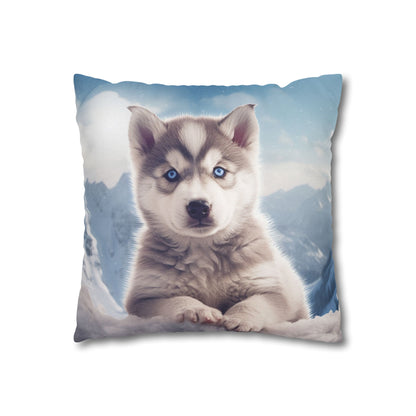 Husky Puppy Winter Wonder - Snowy Mountain Backdrop Spun Polyester Square Pillow Case