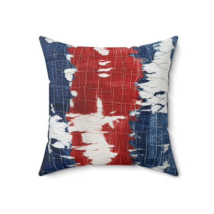 Patriotic Red, White & Blue: Distressed Denim-Style, Torn Fabric - Spun Polyester Square Pillow