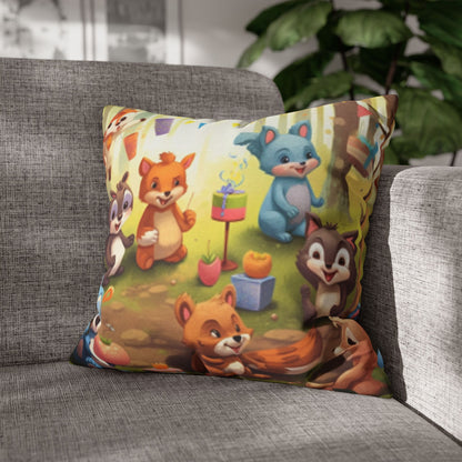 Nursery Art - Cartoon Forest Animals Party Design Spun Polyester Square Pillow Case