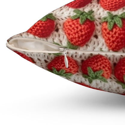 Strawberry Traditional Japanese, Crochet Craft, Fruit Design, Red Berry Pattern - Spun Polyester Square Pillow