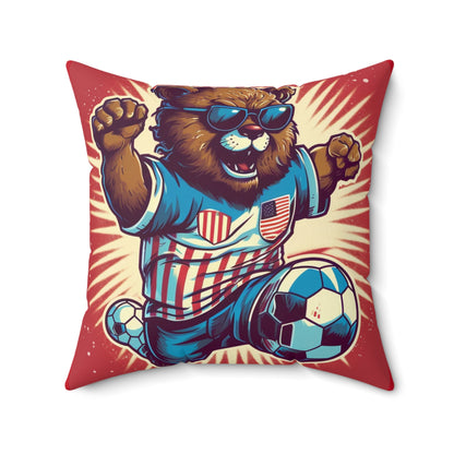 Soccer Stars and Stripes: Patriotism Patriotic Bear Playing Ball Spun Polyester Square Pillow