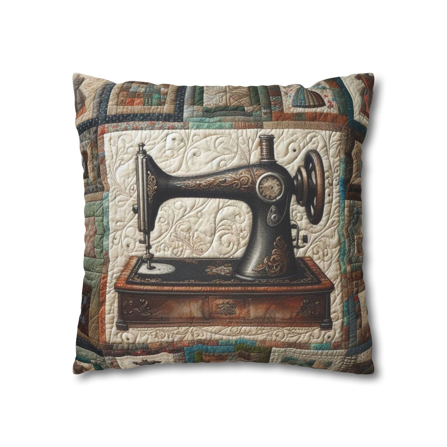 Quilted Sewing Machine, Tailor Craft Patchwork, Heirloom Textile Art - Spun Polyester Square Pillow Case