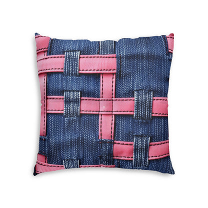 Candy-Striped Crossover: Pink Denim Ribbons Dancing on Blue Stage - Tufted Floor Pillow, Square