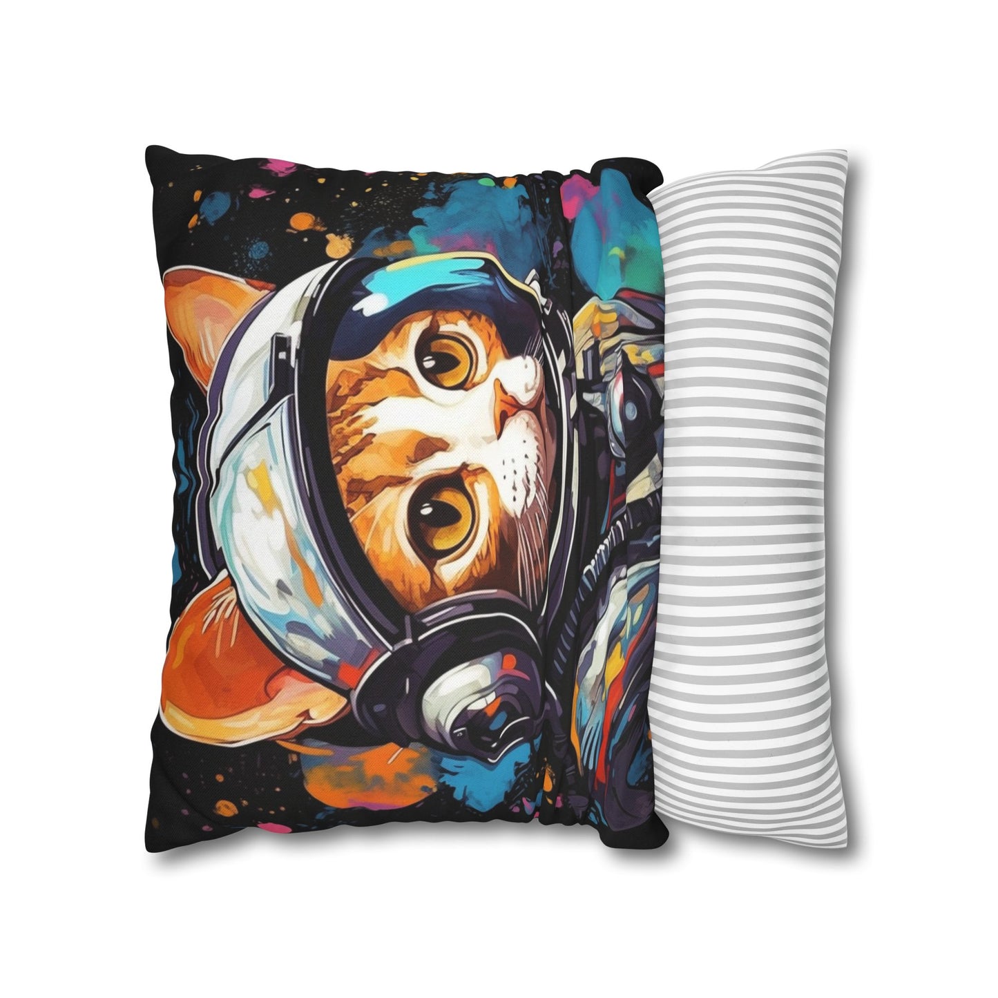 Astro Cat Adventure Feline - Pop Art, Floating in Cosmic Space - Spun Polyester Square Pillow Case