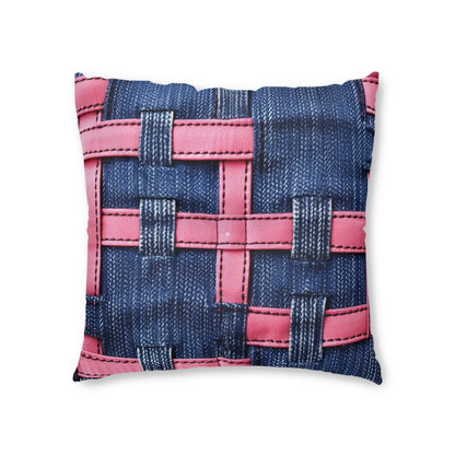 Candy-Striped Crossover: Pink Denim Ribbons Dancing on Blue Stage - Tufted Floor Pillow, Square