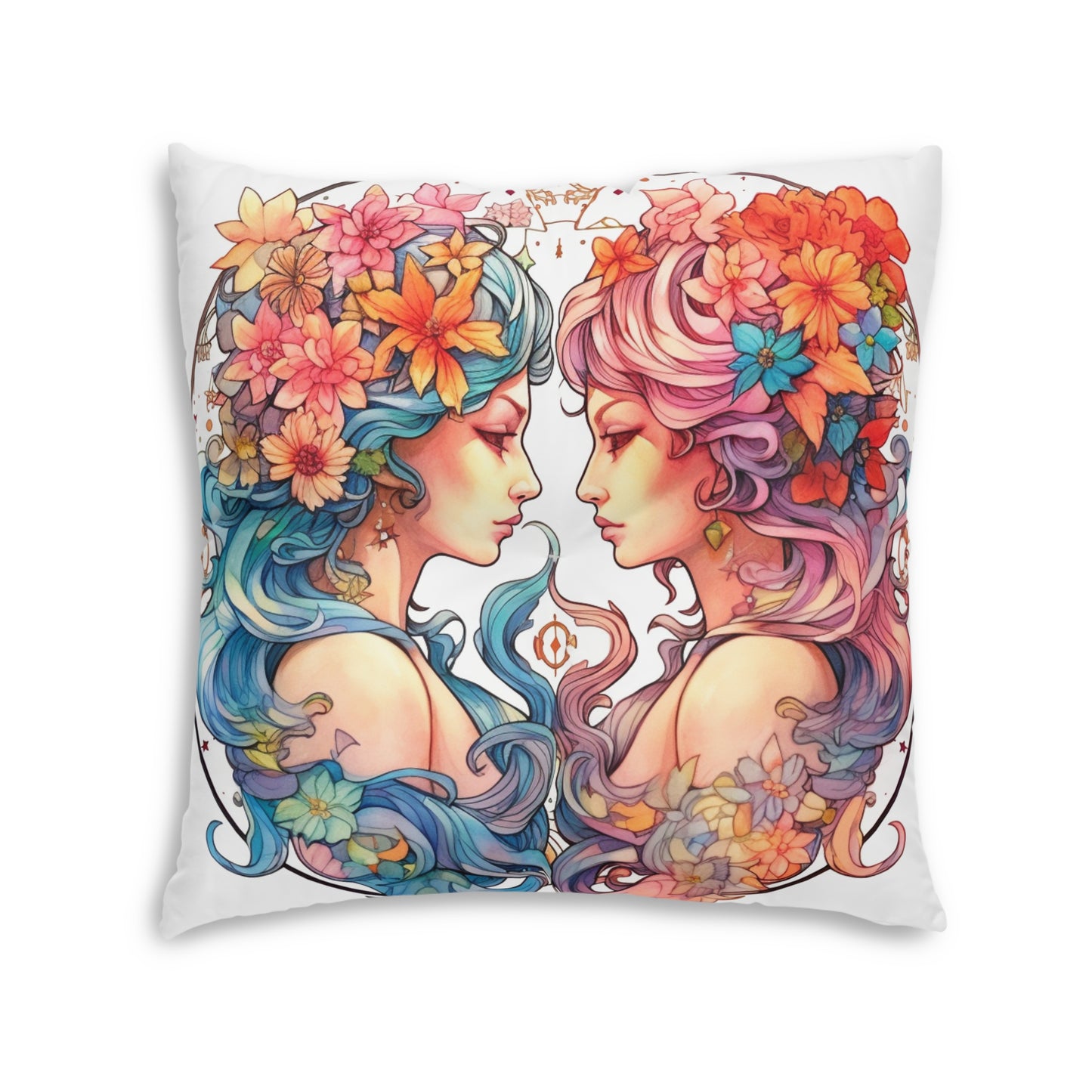 Zodiac Gemini Clipart - Twins Symbol, Whimsical Comic Style - Tufted Floor Pillow, Square