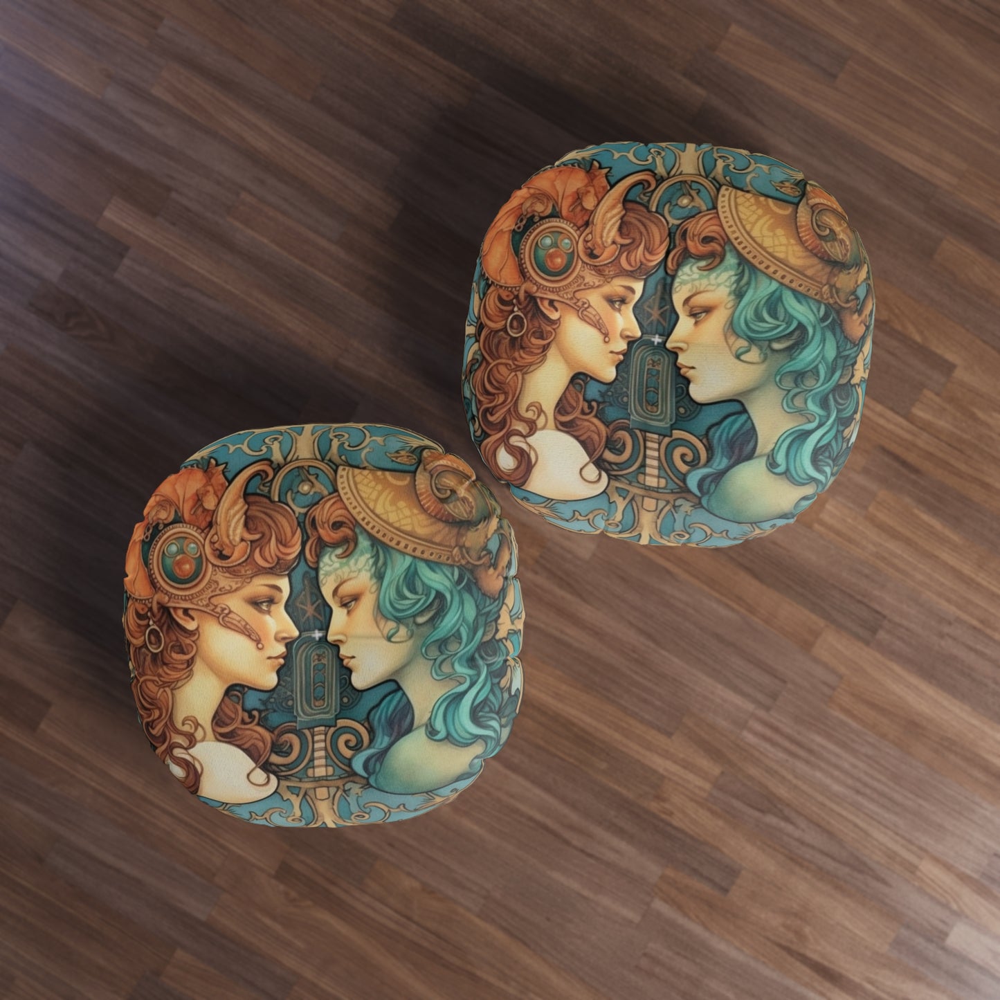 Steampunk Gemini - Dualistic Motifs & Vibrant Contrast - Tufted Floor Pillow, Round