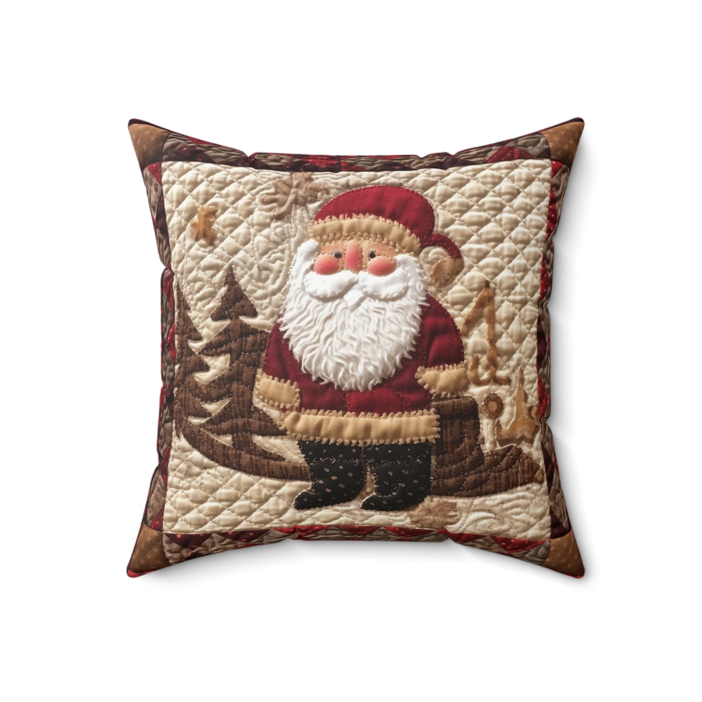 Santa Claus Christmas Farmhouse Quilt: Cozy with Checkered Borders - Spun Polyester Square Pillow