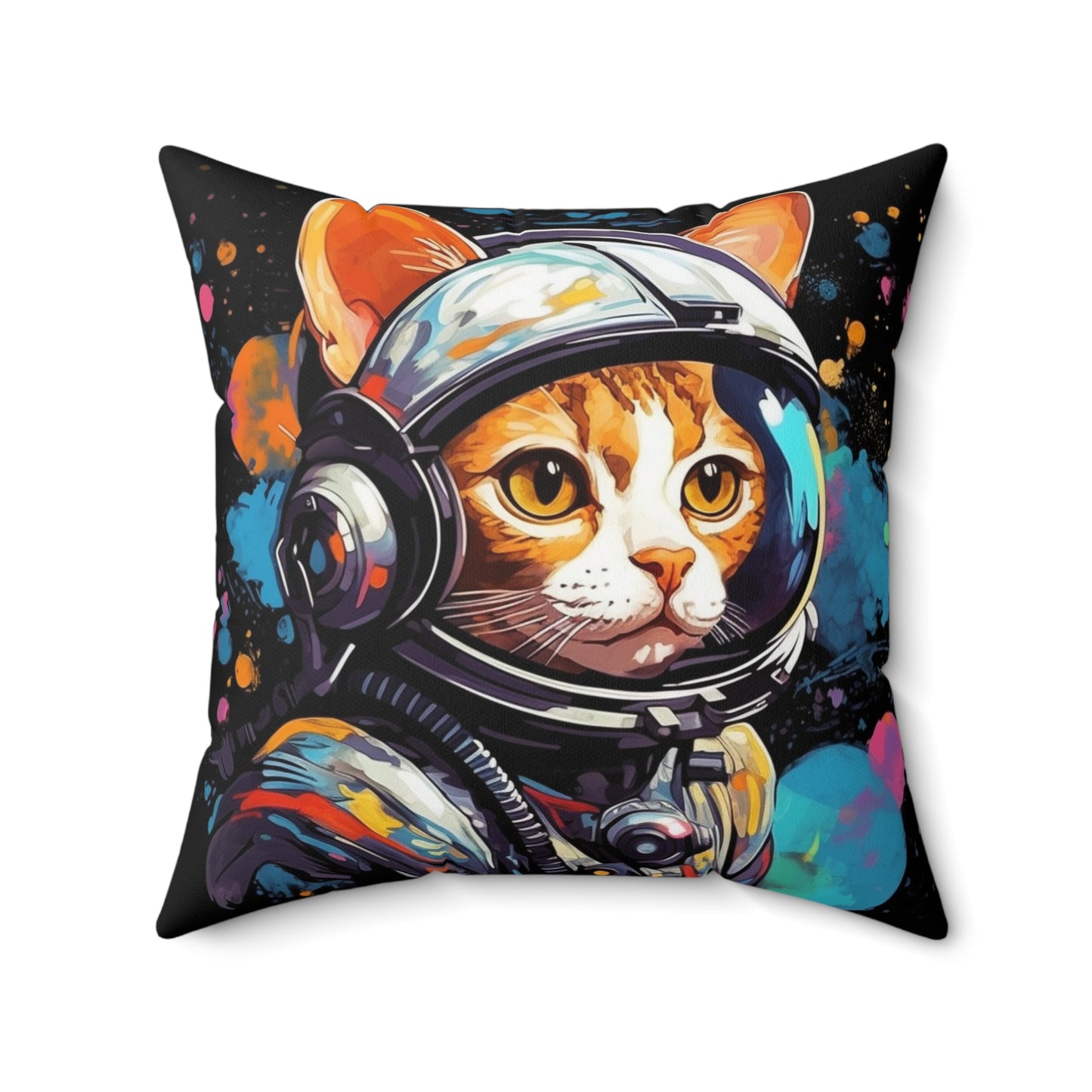 Astro Cat Adventure Feline - Pop Art, Floating in Cosmic Space - Spun Polyester Square Pillow