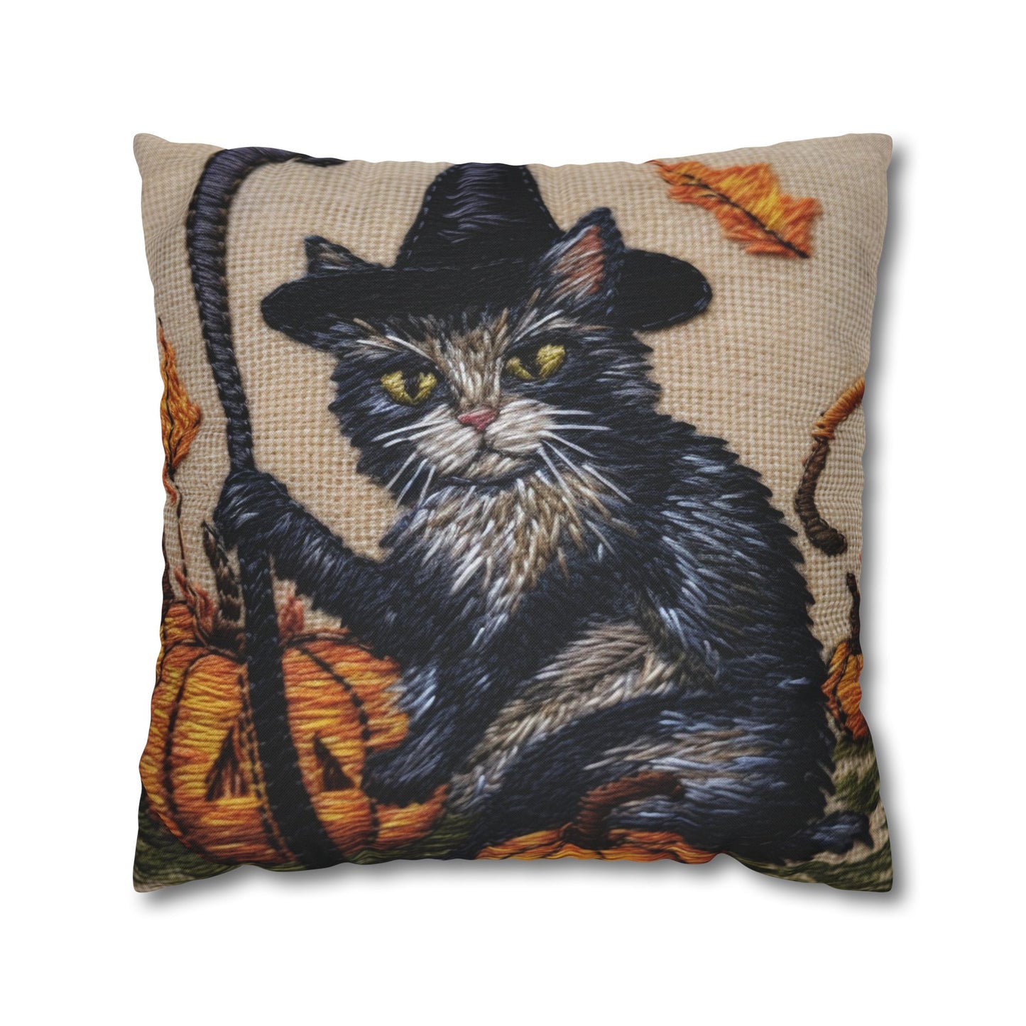 Halloween Cat Magic: Embroidered Style Feline with Pumpkins & Witch Hat - Spun Polyester Square Pillow Case