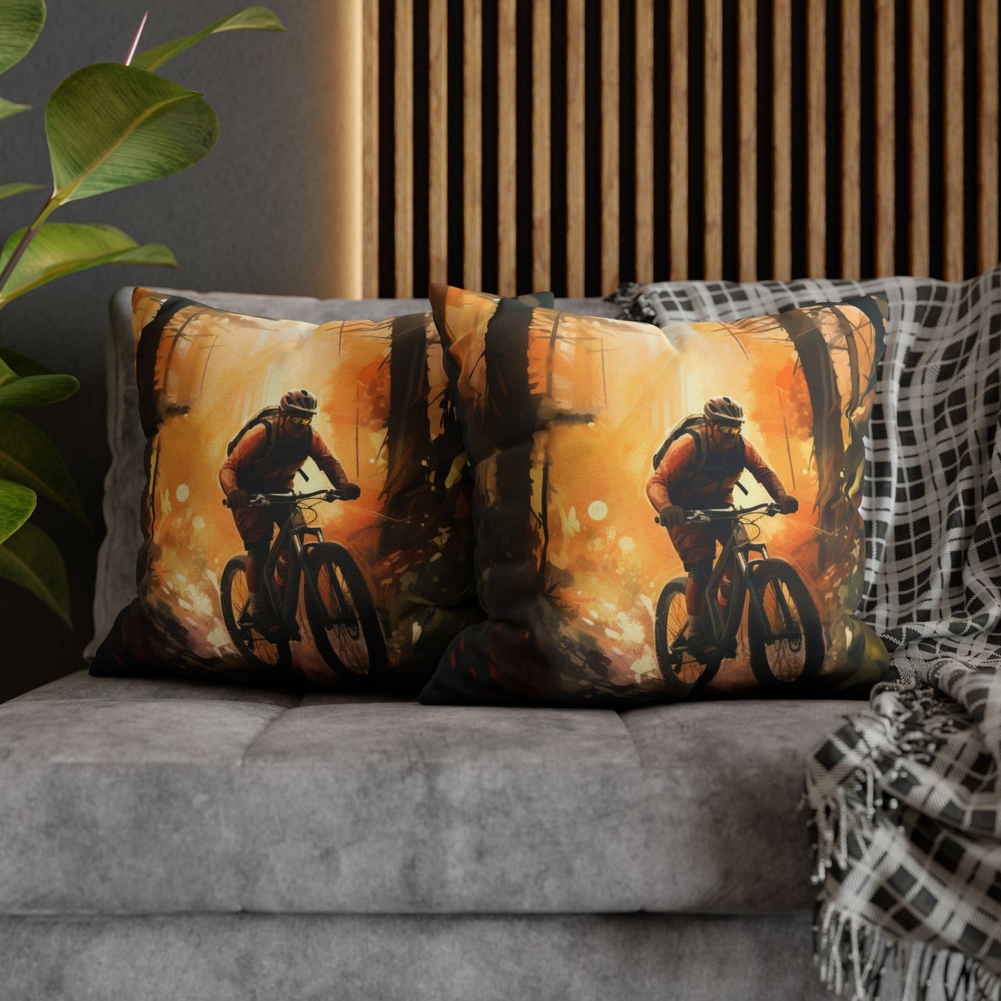 Mountain Bike Adventure - Forest Trail Graphic Spun Polyester Square Pillow Case