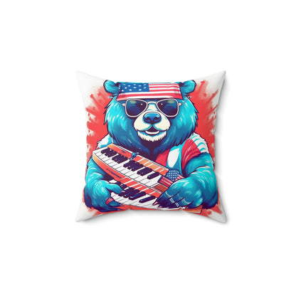 Keys of Patriotism: Piano Player Patriotic Bear's 4th of July Musical Celebration Spun Polyester Square Pillow