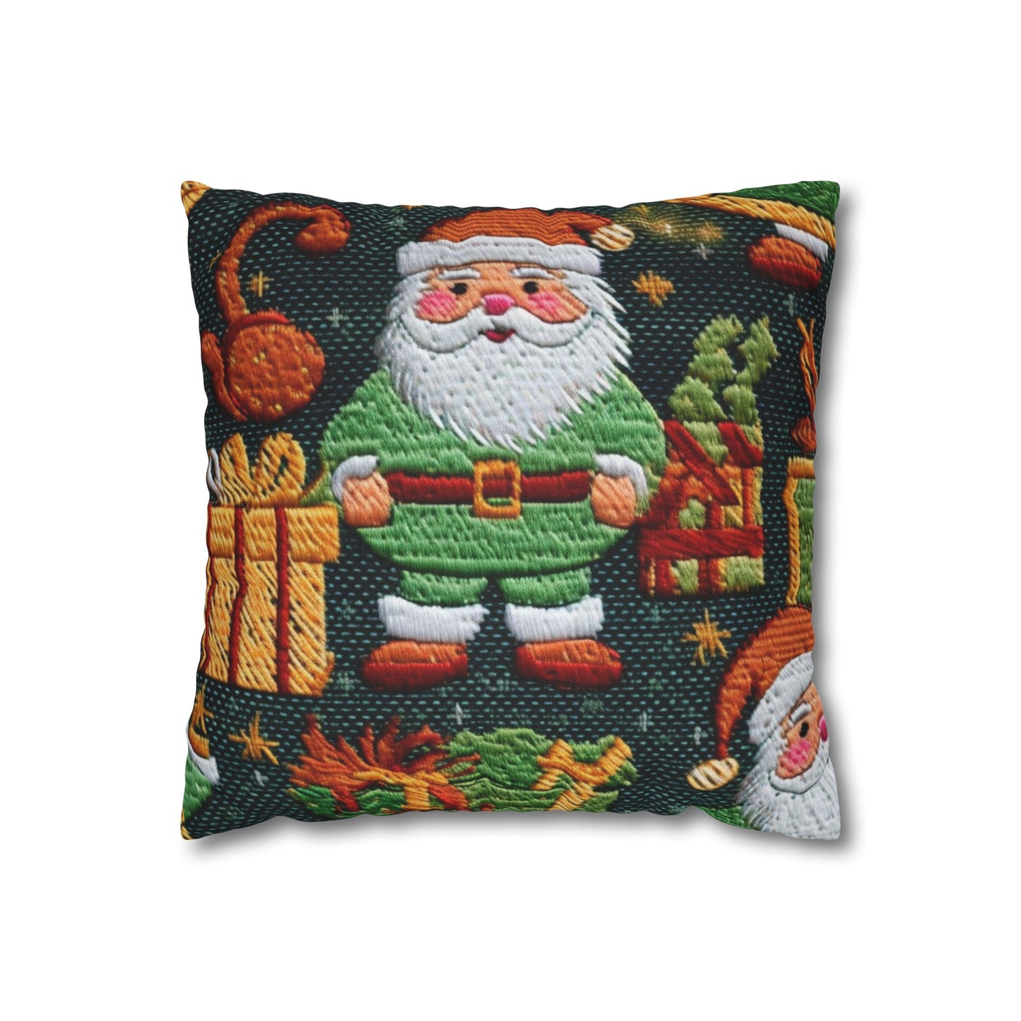 Christmas Santa Claus - Embroidered Presents - Festive Winter Wonderland - Deck the Halls Design - Spun Polyester Square Pillow Case