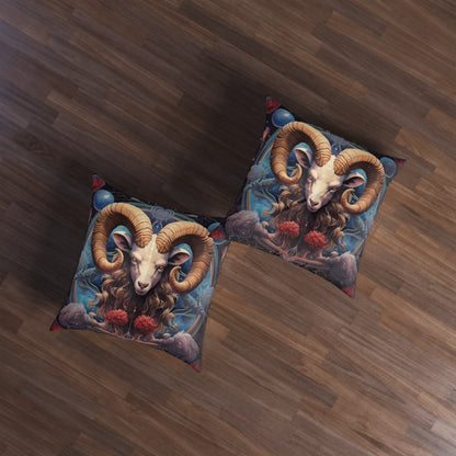 Aries Zodiac Ram - Vibrant Astrological Sign Cosmic Space Symbol - Tufted Floor Pillow, Square