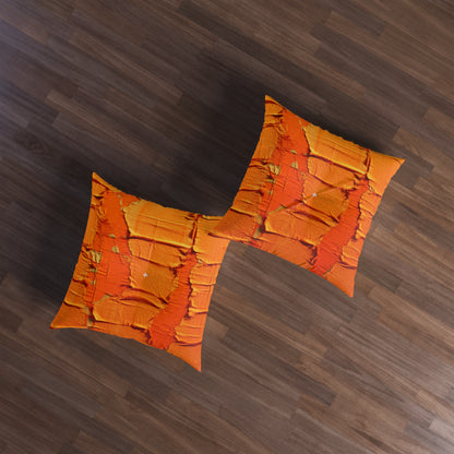 Fiery Citrus Orange: Edgy Distressed, Denim-Inspired Fabric - Tufted Floor Pillow, Square