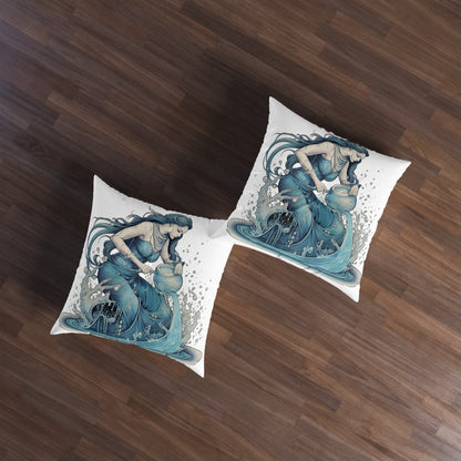 Aquarius Zodiac Symbol - Girl Pouring Water, Hand-Drawn Style - Tufted Floor Pillow, Square