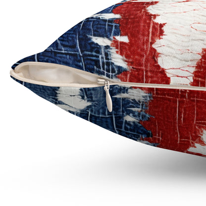 Patriotic Red, White & Blue: Distressed Denim-Style, Torn Fabric - Spun Polyester Square Pillow