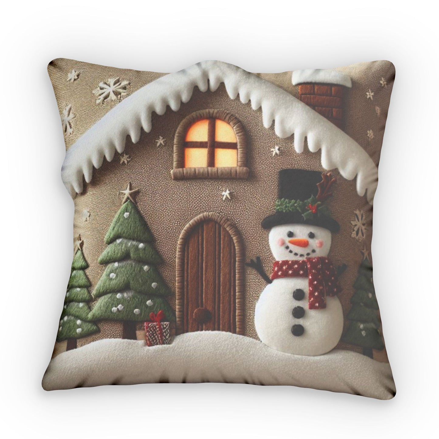 Snowman Christmas House Cushion, Plush Shaped Pillow