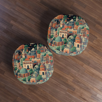 Galactic Metropolis Pattern, Sci-Fi Inspired - Tufted Floor Pillow, Round