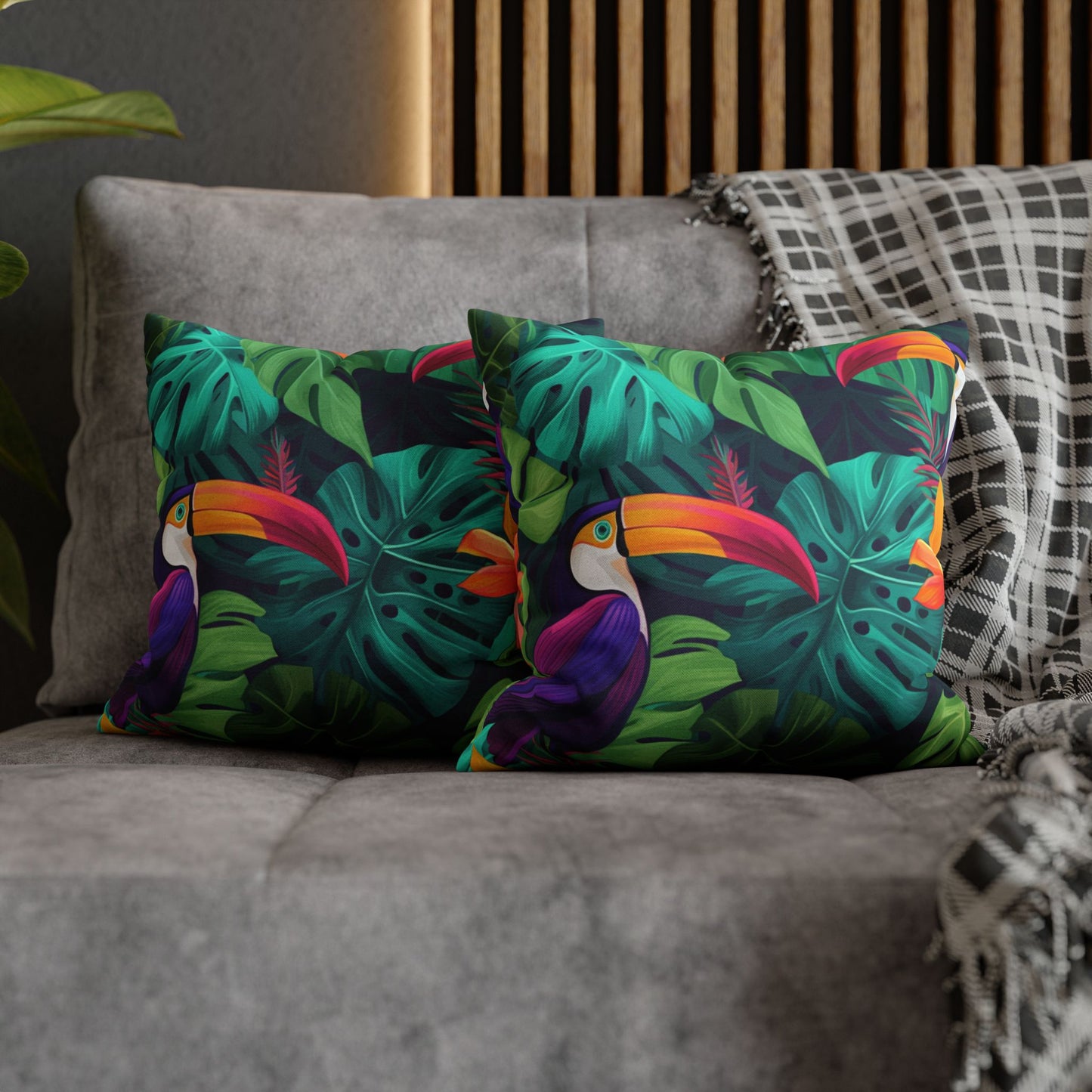 Vivid Tropical Birds & Leaves - Seamless Pattern Spun Polyester Square Pillow Case