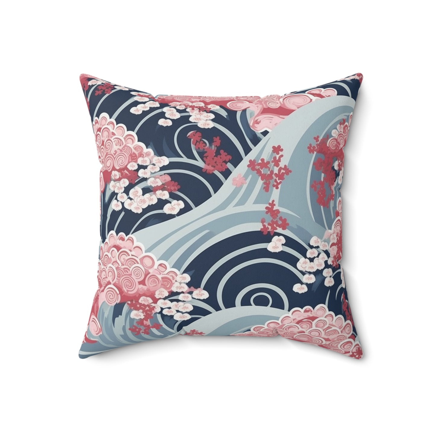 Japanese Minimalist Waves & Cherry Blossoms Pattern Spun Polyester Square Pillow