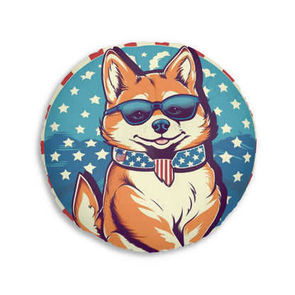 Patriotic Shiba Inu Retro Cartoon -Synthwave Summer Animation Tufted Floor Pillow, Round