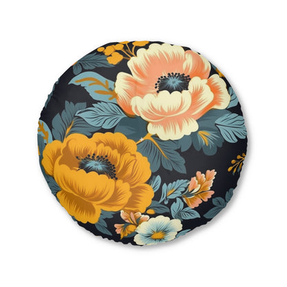 Vintage 50s 60s Inspired High-Waisted Floral Flower Pattern Tufted Floor Pillow, Round