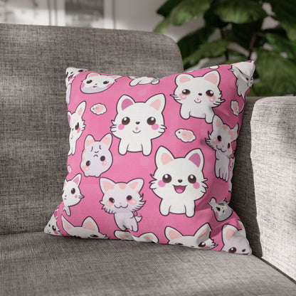 Adorable Cartoon-Style Anime Kitten, Cat, Kitty Pattern - Cute and Colorful - Spun Polyester Square Pillow Case