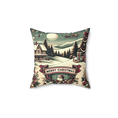 Holiday Charm: Classic Retro Christmas Scene with Santa - 1950s Nostalgic - Spun Polyester Square Pillow