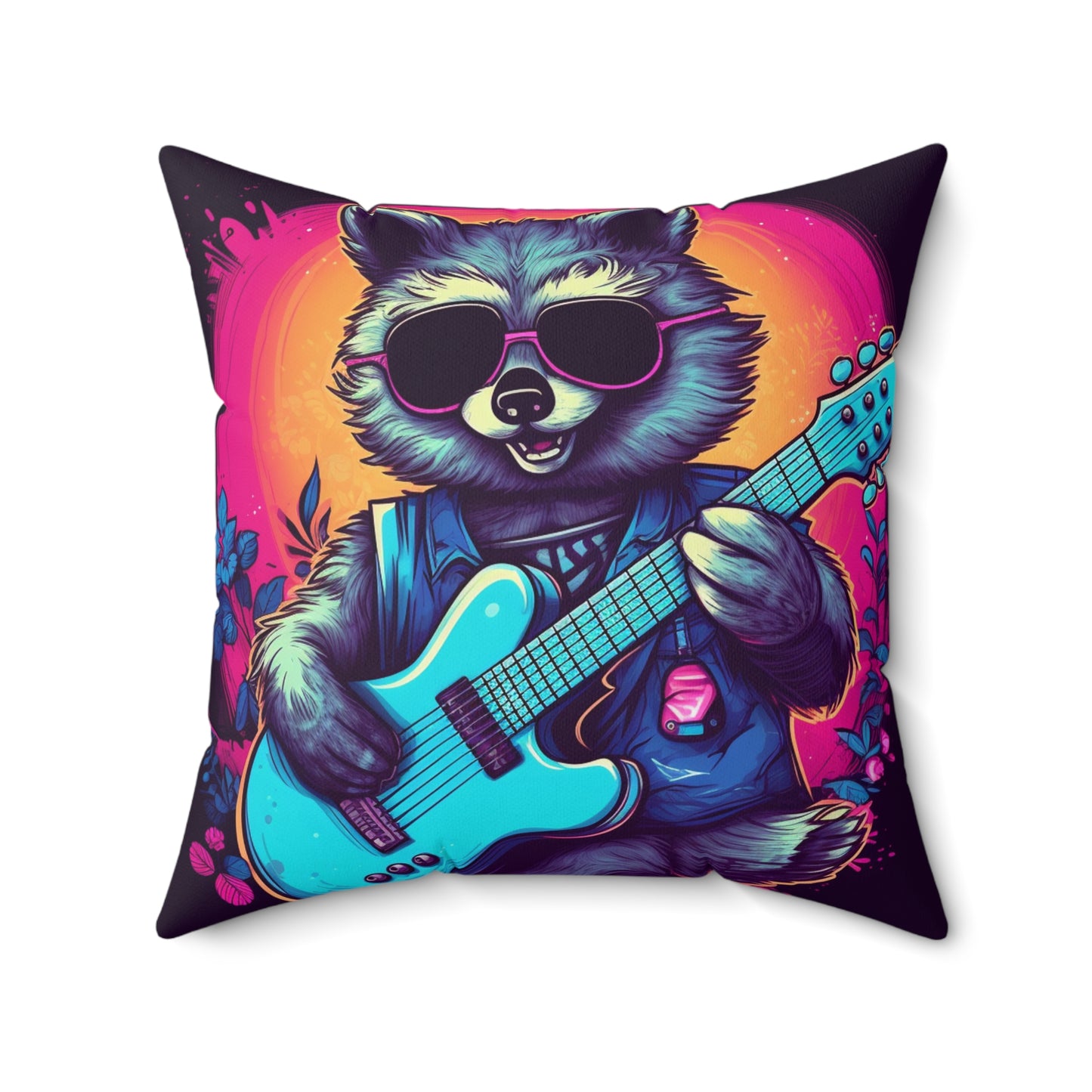 Raccoon Musician Art - Rock Star Guitarist Furry Animal Spun Polyester Square Pillow