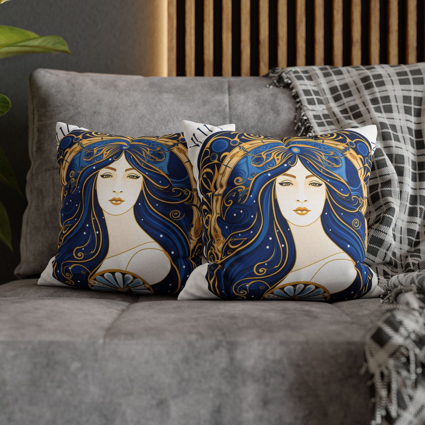 Virgo Zodiac Circular Symmetry in Gold Royal Blue - Spun Polyester Square Pillow Case