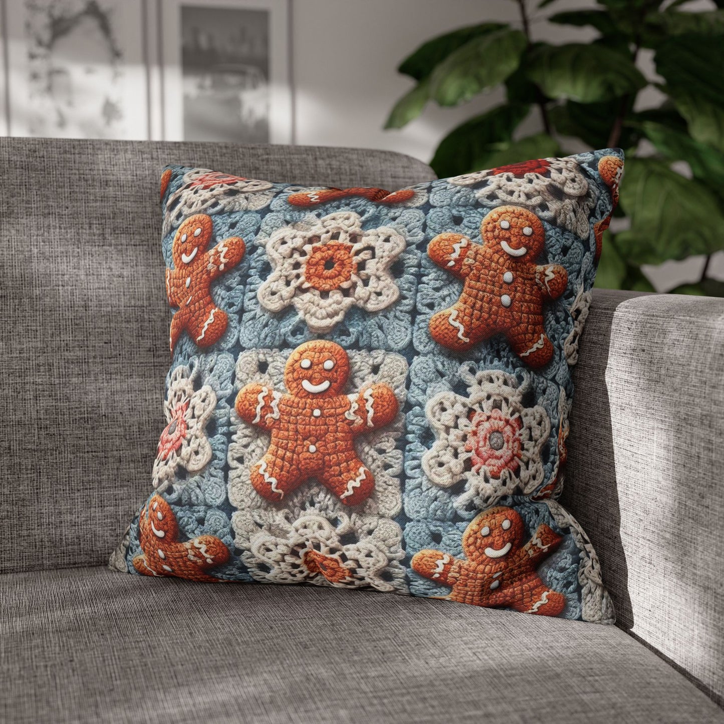 Christmas Holiday Delight: Crocheted Gingerbread Smile Pattern with Lace Snowflakes - Spun Polyester Square Pillow Case