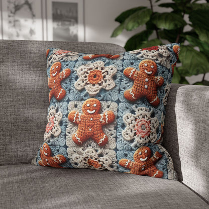 Christmas Holiday Delight: Crocheted Gingerbread Smile Pattern with Lace Snowflakes - Spun Polyester Square Pillow Case