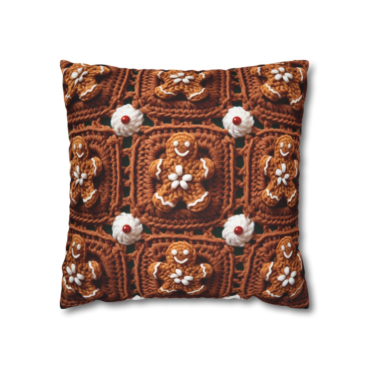 Gingerbread Man Crochet, Classic Christmas Cookie Design, Festive Yuletide Craft. Holiday Decor - Spun Polyester Square Pillow Case