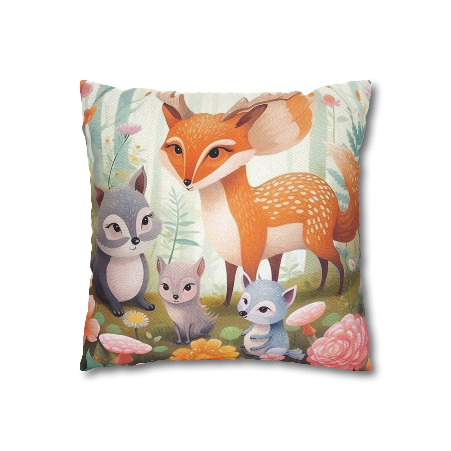 Cute Woodland Creatures Whimsical Animal Art Spun Polyester Square Pillow Case