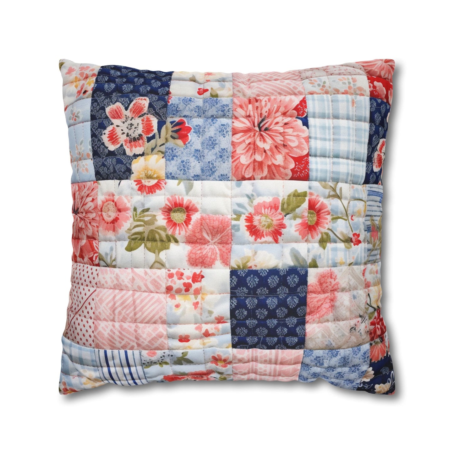 Floral Harmony Quilt, Blossom Patchwork, Blue and Pink Quilted Patterns, Garden Quilt, Soft Pastel Quilting Squares Design - Spun Polyester Square Pillow Case