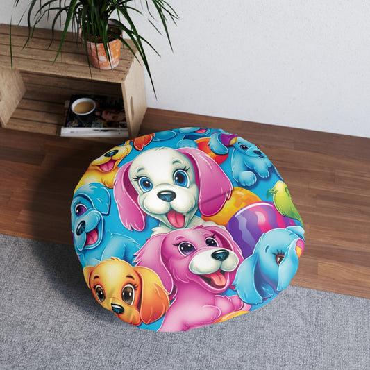 Happy Puppy & Dog Design - Vivid and Eye-Catching - Tufted Floor Pillow, Round