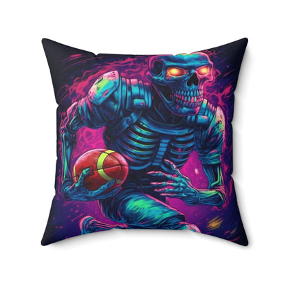 Spooky Football Game: Fantasy Skeleton Athlete Running with Ball, Sporty Halloween - Spun Polyester Square Pillow