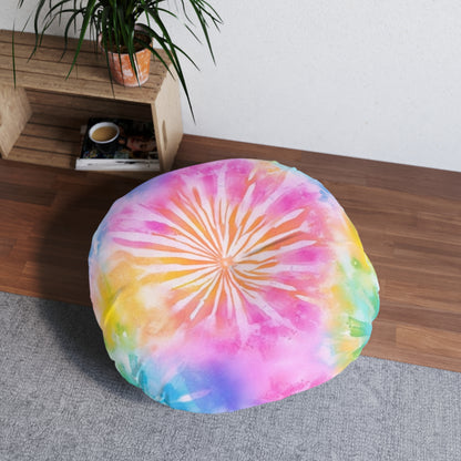 Boho Beach Vibe Pastel Hues Tie-Dye Pattern Design Tufted Floor Pillow, Round