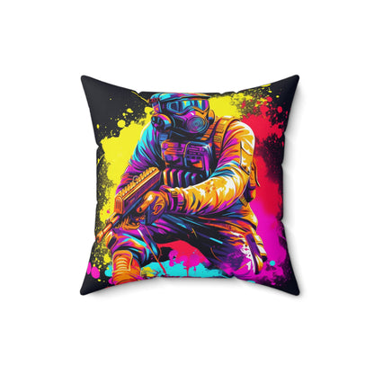 Paintball Action Sport: Player in Battle, Paint Splatter - Spun Polyester Square Pillow