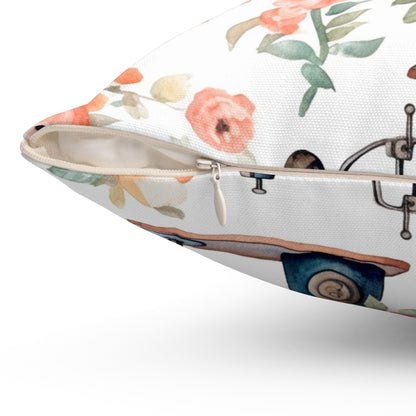 Watercolor Sewing Machines & Floral Bouquets: Antique Feminine Minimalist Styling - Spun Polyester Square Pillow