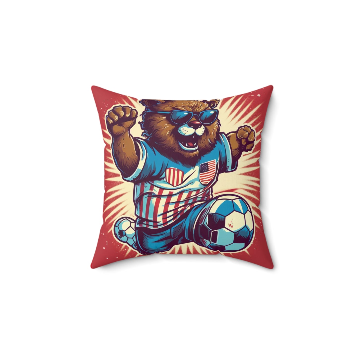 Soccer Stars and Stripes: Patriotism Patriotic Bear Playing Ball Spun Polyester Square Pillow