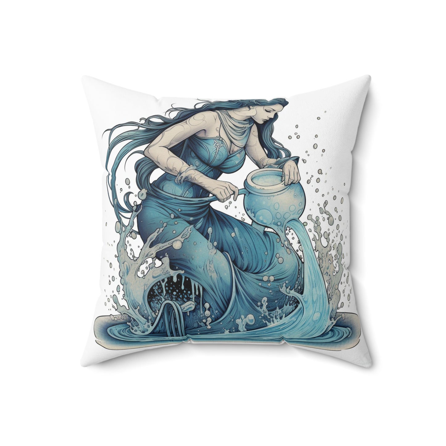 Aquarius Zodiac Symbol - Girl Pouring Water, Hand-Drawn Style - Spun Polyester Square Pillow