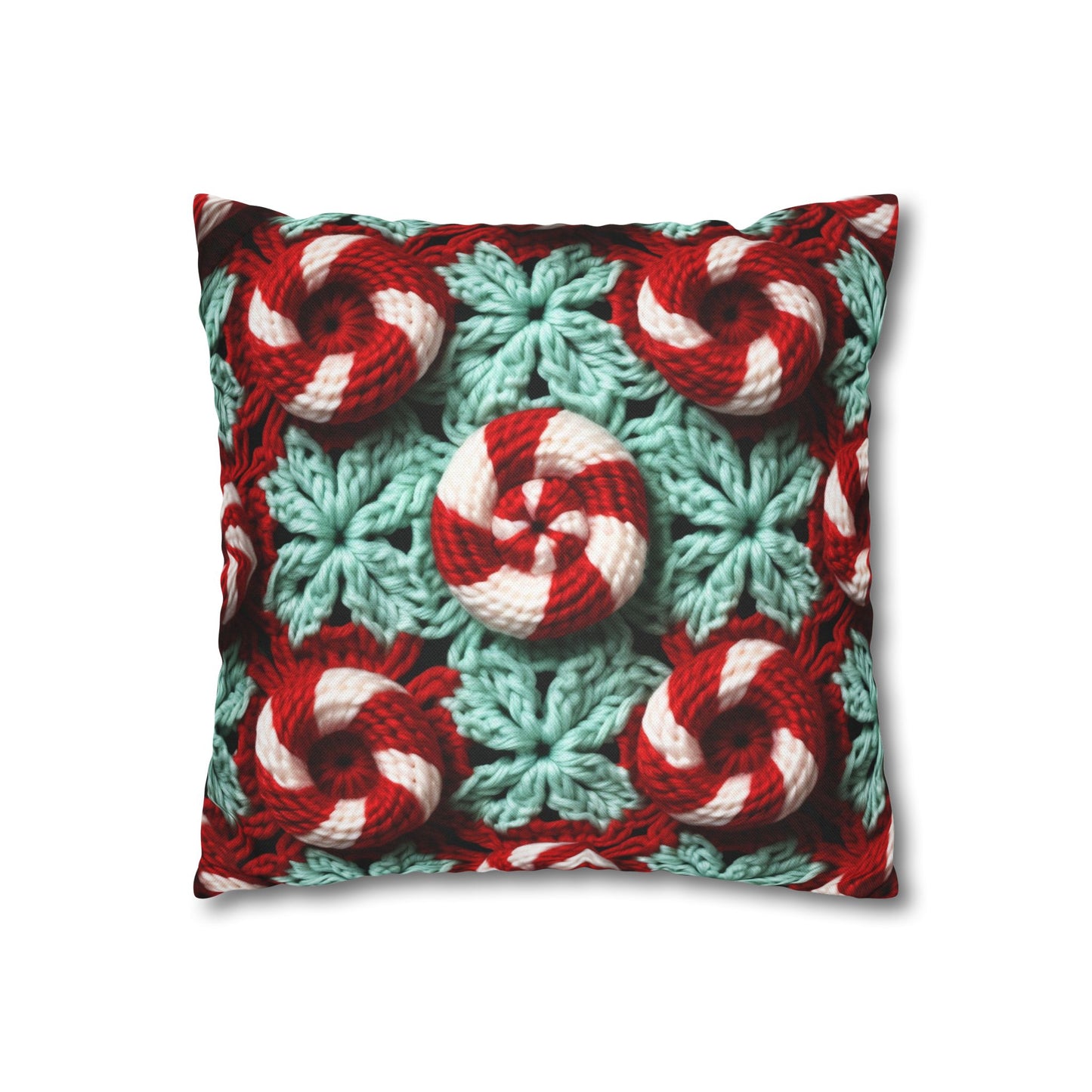 Christmas Crochet Candy Cane - Pepper Red Crystal White Holiday Pattern - Spun Polyester Square Pillow Case