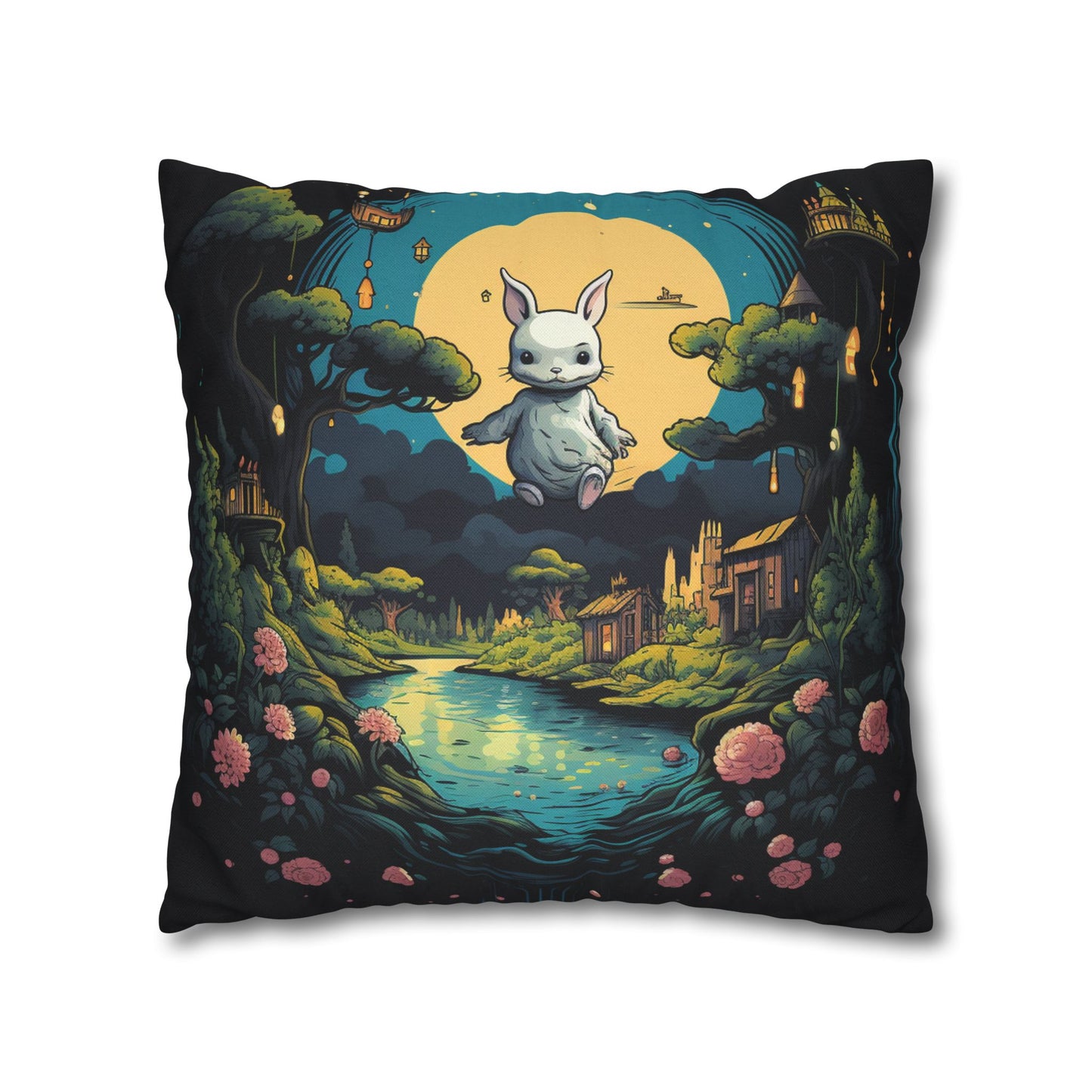 White Rabbit Mystery Psychedelic Fantasy Anime Cartoon Bunny - Spun Polyester Square Pillow Case