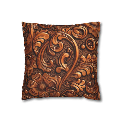 Leather Flower Cognac Classic Brown Timeless American Cowboy Design - Spun Polyester Square Pillow Case